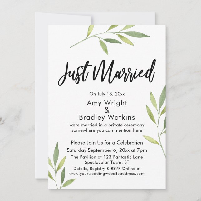 Just Married Typografy Green Watercolor Foliage Einladung (Vorderseite)