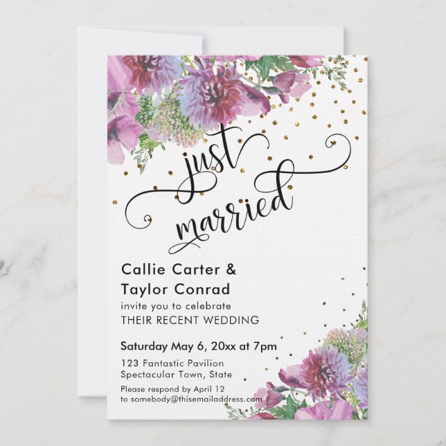 Just Married Typografy Wildblume Gold Confetti Einladung (Vorderseite)