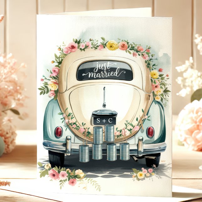 Just Married Vintage Car Wedding Glückwunschs Card Dankeskarte (Von Creator hochgeladen)