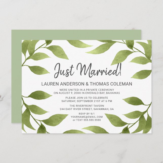 Just Married Watercolor Willow Wreath Ankündigung (Vorne/Hinten)