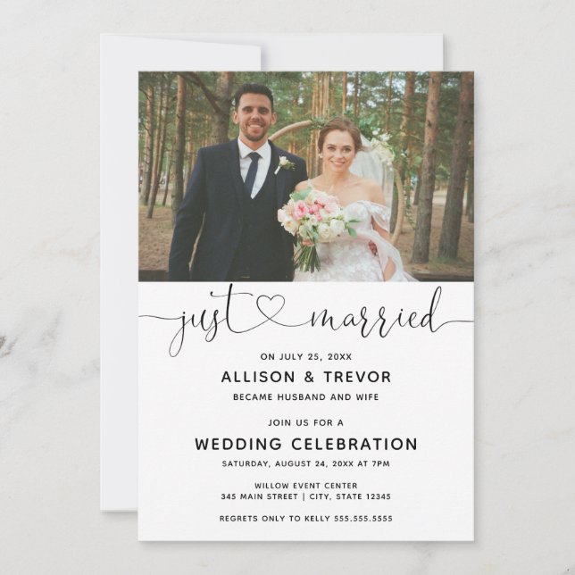 Just Married Wedding Announcement Empfang Einladung (Vorderseite)