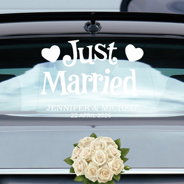 Just Married Wedding Car Window Cling with Hearts Fensteraufkleber (Von Creator hochgeladen)