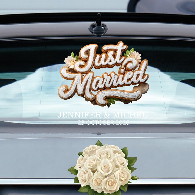 Just Married white gold script wedding car Fensteraufkleber (Von Creator hochgeladen)