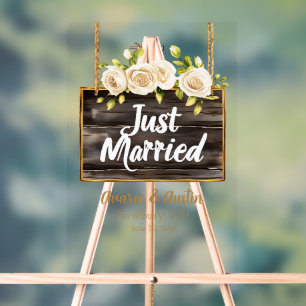 Just Married Wood Sign White Roses Acrylschild