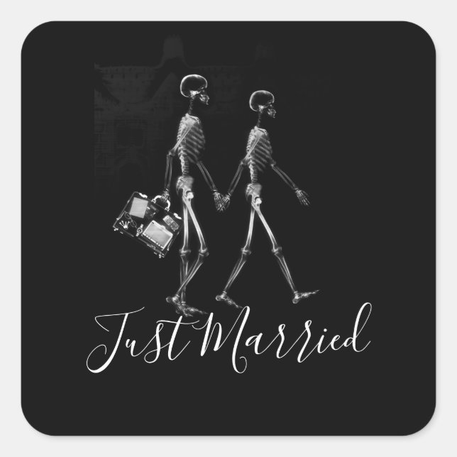Just Married X-Ray Skeleton Honeymoon Couple Quadratischer Aufkleber (Vorderseite)