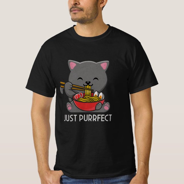 Just Purfect - Cat Eating Ramen T - Shirt (Vorderseite)