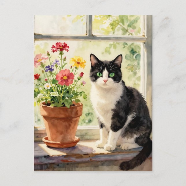 Just Saying Hi | Cat and Flower Themed Postkarte (Vorderseite)