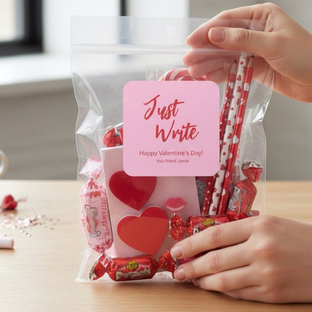 Just Write Valentine Pink Red Custom Quadratischer Aufkleber (Just Write teacher Valentine's Day stickers.)