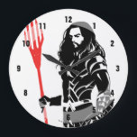 Justice League | Aquaman Pose Noir Pop Art Große Wanduhr<br><div class="desc">Check out this black and white silhouette of Justice League's Aquaman as he stands with his trident. This noir style graphic is accented with his trident colored in bright red.</div>