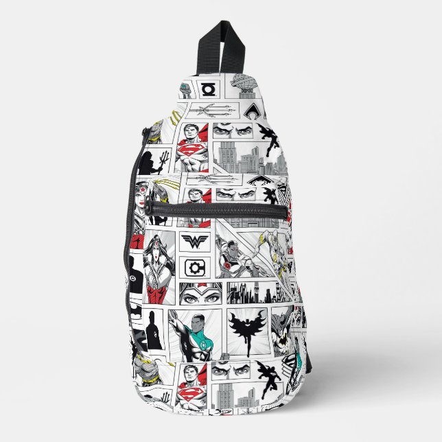 Justice League Heldentafel-Muster Crossbody Bag (Vorderseite)