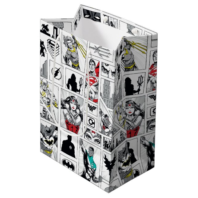 Justice League Heldentafel-Muster Mittlere Geschenktüte (Vorderseite Schrägansicht)