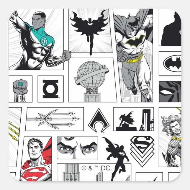 Justice League Heldentafel-Muster Quadratischer Aufkleber (Vorderseite)