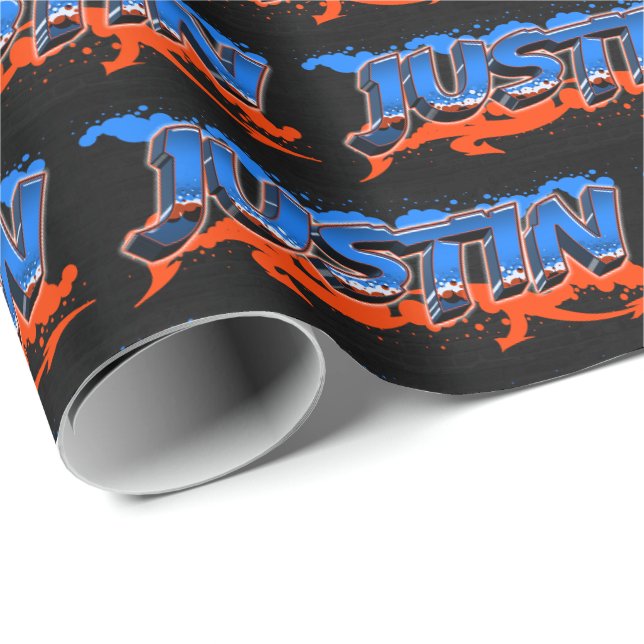 Justin Vorname Name Graffiti blue orange Geschenkpapier (Rolleneckpunkt)