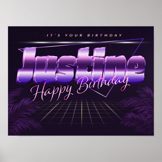 Justine Name Vorname lila retro Poster Geburtstag (Vorne)