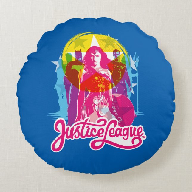 Justizielle Liga | Retro Group & Logo Pop Art Rundes Kissen (Vorderseite)