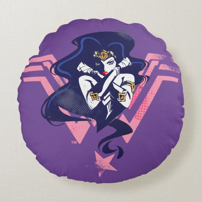 Justizielle Liga | Wonder Woman & Symbol Pop Art Rundes Kissen (Vorderseite)
