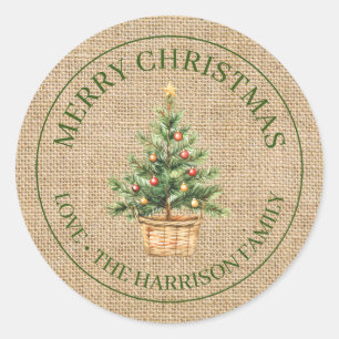 Jute-Frohe-Weihnachten-Rustikaler-Wasserfarben-Bau Runder Aufkleber
