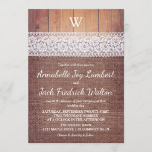 Jute-Lace & Holz Rustikale Monogramm-Hochzeit Einladung