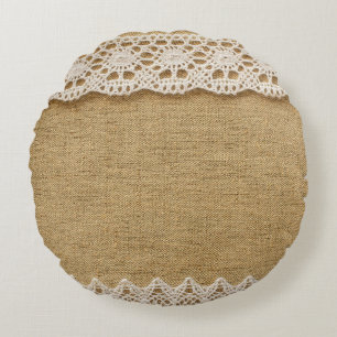 Jute mit Spitze Rundes Kissen