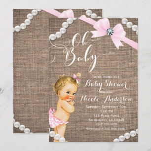 Jute & Perlen Rosa Schleife Blonde Baby Mädchen-Pa Einladung