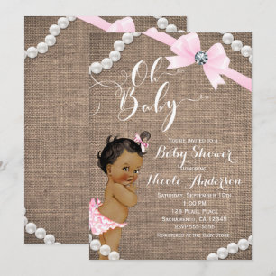 Jute & Perlen Rosa Schleife Ethnische Mädchen-Baby Einladung
