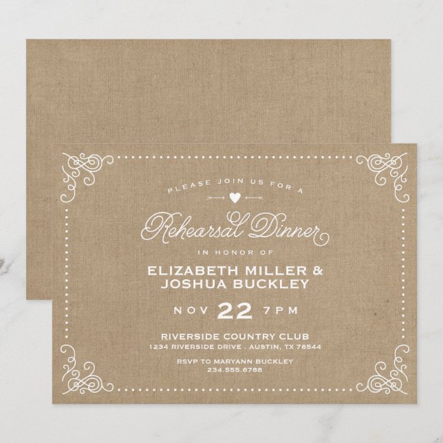 Jute-Rustikal-Vintage-Script Probe-Dinner Einladung (Vorne/Hinten)