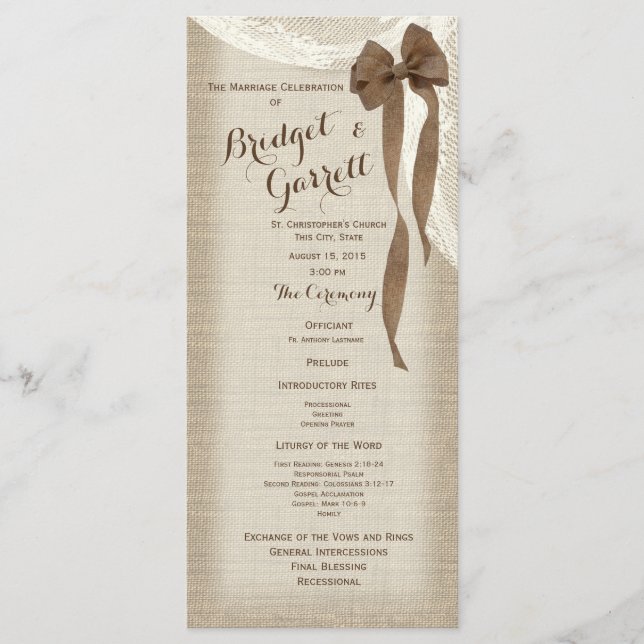 Jute-Schleife und Spitze Hochzeitsprogramm Programm (Vorderseite)