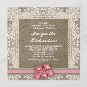 Jute-Spitzeneinladungen & rosa Blumen zur Brautpar Einladung