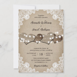 Jute Weiß Florale Spitzen-Lichterkette Hochzeit Einladung