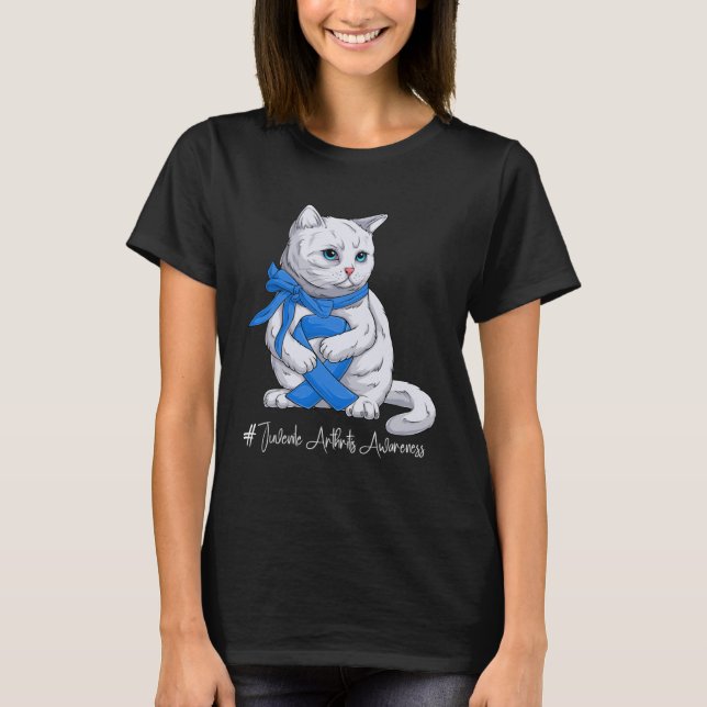 Juvenile Arthritis Awareness Month Blue Ribbon Cat T-Shirt (Vorderseite)