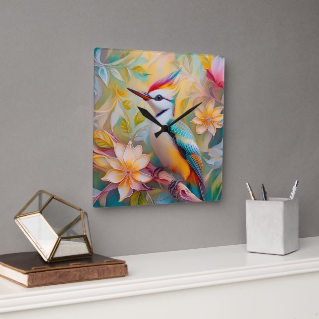 Juvenile Rainbow Woodpecker Fantasy Bird Quadratische Wanduhr (Büro)