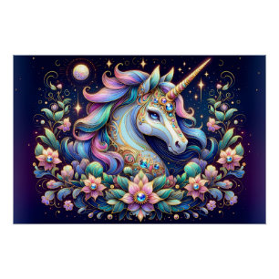 Juwel-farbenes Einhorn-Blumen-Fantasiemotiv Poster