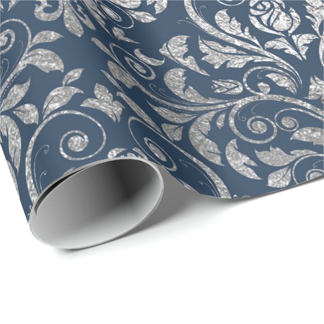 Juwelen Royal Ornament Damask Blue Navy Silver Geschenkpapier (Rolleneckpunkt)