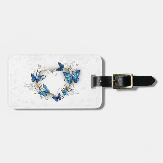 Juwelenherz mit Schmetterlingen Morpho Gepäckanhänger (Vorderseite horizontal)
