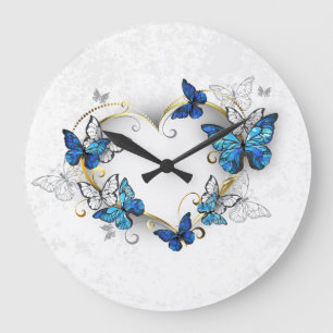 Juwelenherz mit Schmetterlingen Morpho Große Wanduhr