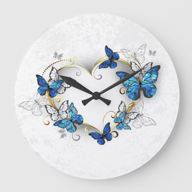 Juwelenherz mit Schmetterlingen Morpho Große Wanduhr (Vorderseite)