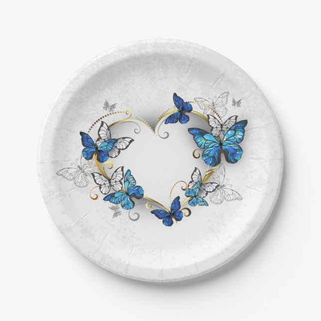 Juwelenherz mit Schmetterlingen Morpho Pappteller (Vorderseite)