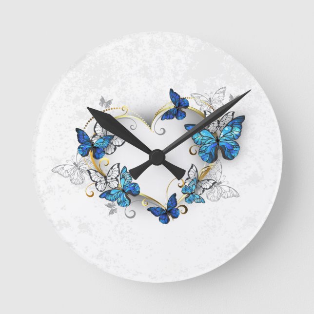 Juwelenherz mit Schmetterlingen Morpho Runde Wanduhr (Vorderseite)