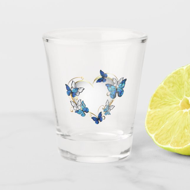 Juwelenherz mit Schmetterlingen Morpho Schnapsglas (Vorderseite)
