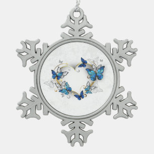 Juwelenherz mit Schmetterlingen Morpho Schneeflocken Zinn-Ornament