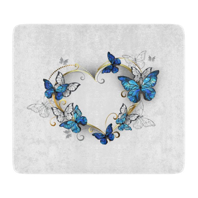 Juwelenherz mit Schmetterlingen Morpho Schneidebrett (Vorderseite)