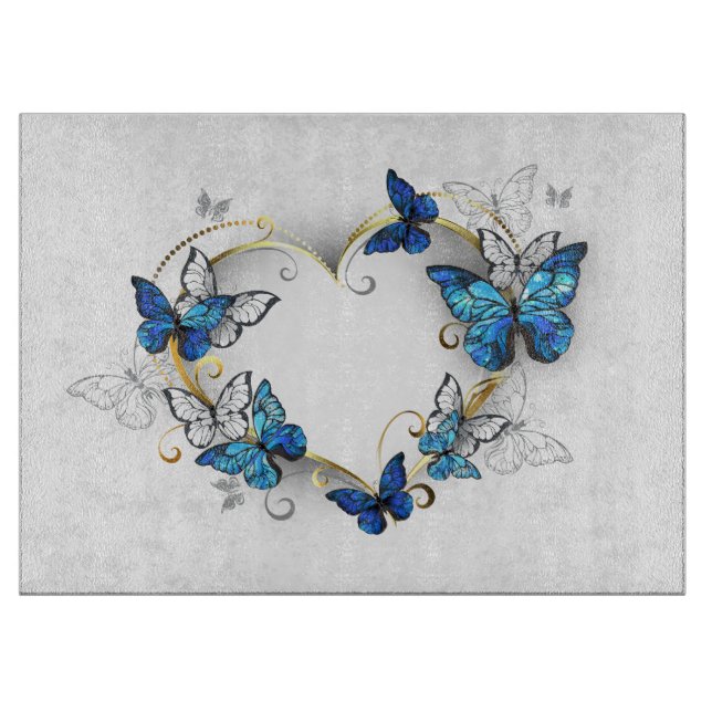 Juwelenherz mit Schmetterlingen Morpho Schneidebrett (Vorderseite)