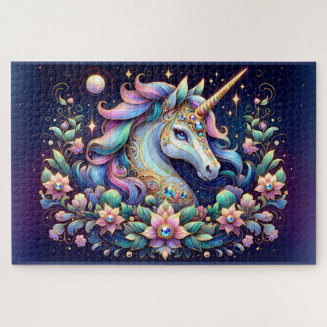 Juwelgetönte Einhorn-Blumenfantasie Puzzle (Horizontal)