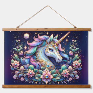 Juwelgetönte Einhorn-Blumenfantasie Wandteppich Mit Holzrahmen