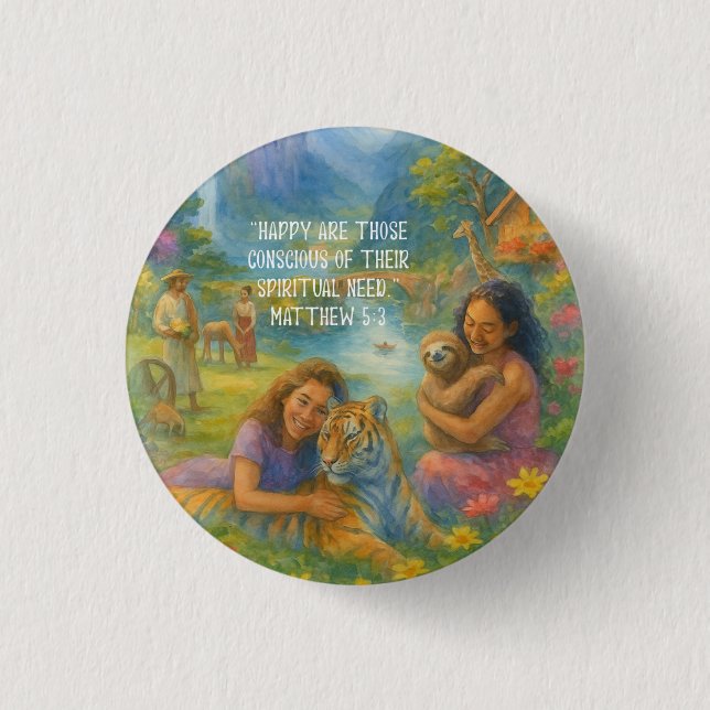 JW 2026 Jahr Text Matthew 5:3 Paradise Scene Button (Vorderseite)