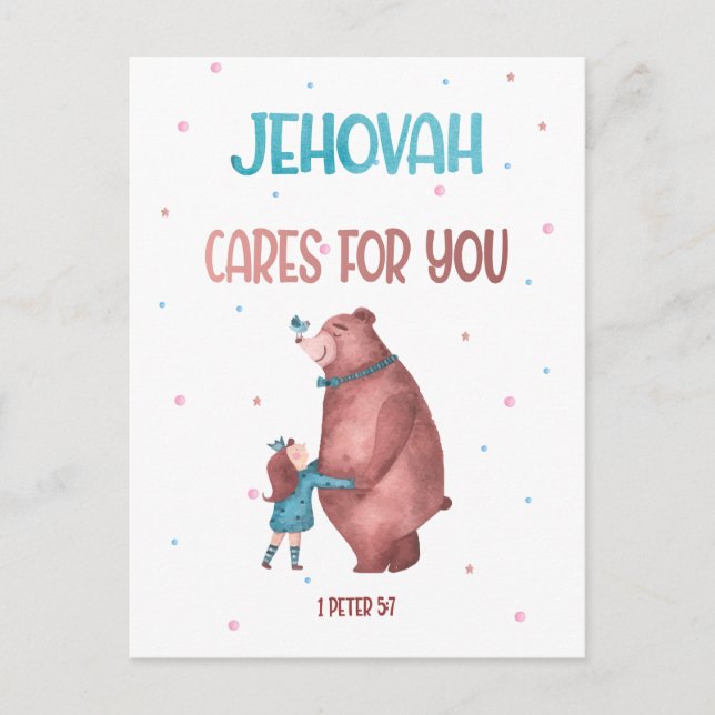 JW Kids Gift-1 Peter 5:7 Jehovah kümmert sich um S Postkarte (Vorderseite)