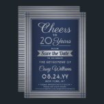 JY Number Retirement Party Cheers Navy Blue Save The Date<br><div class="desc">Laden Sie Kollegen, Mitarbeiter, Familie und Freunde zu einer eleganten Rentenfeier mit maßgeschneiderten marineblau und Imitats silberne Folie Save the Date Party Einladungen. Die "Cheers to 20 Years" Template-Formulierung ist Set bis zu 20 Jahren Service, aber ist einfach zu anpassen für jede Zahl. Das Design besticht durch eine moderne gestreifte...</div>