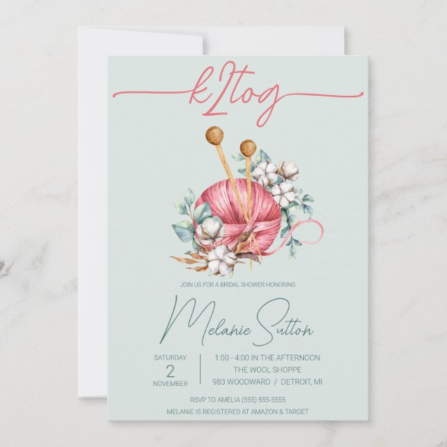k2tog, Blau und Rosa Brautparty aus Baumwolle Einladung (Vorderseite)