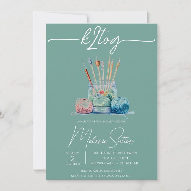 k2tog, Knitter, Brautparty aus Garn Einladung (Vorderseite)