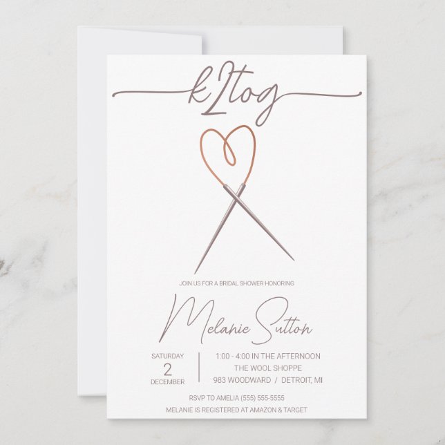 k2tog, Knittern, Brautparty für Herzkabelnadeln Einladung (Vorderseite)